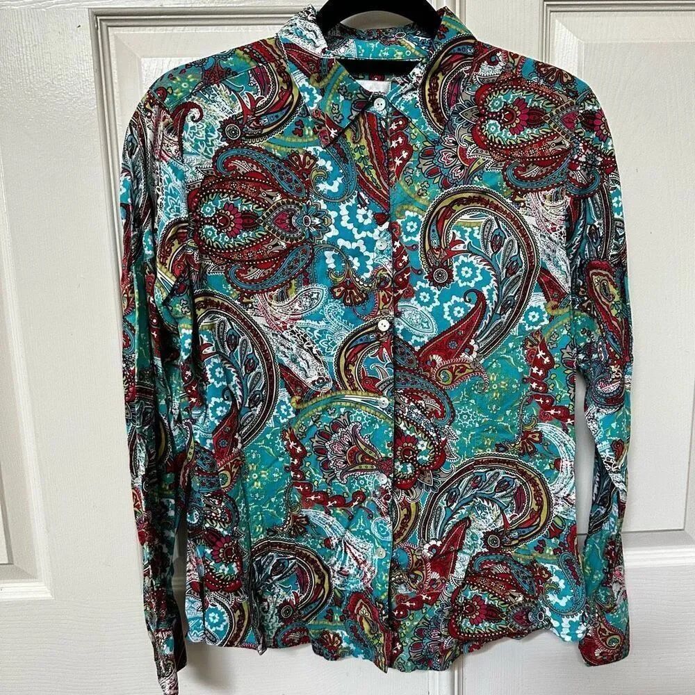 Chico’s long sleeved button down colorful blouse